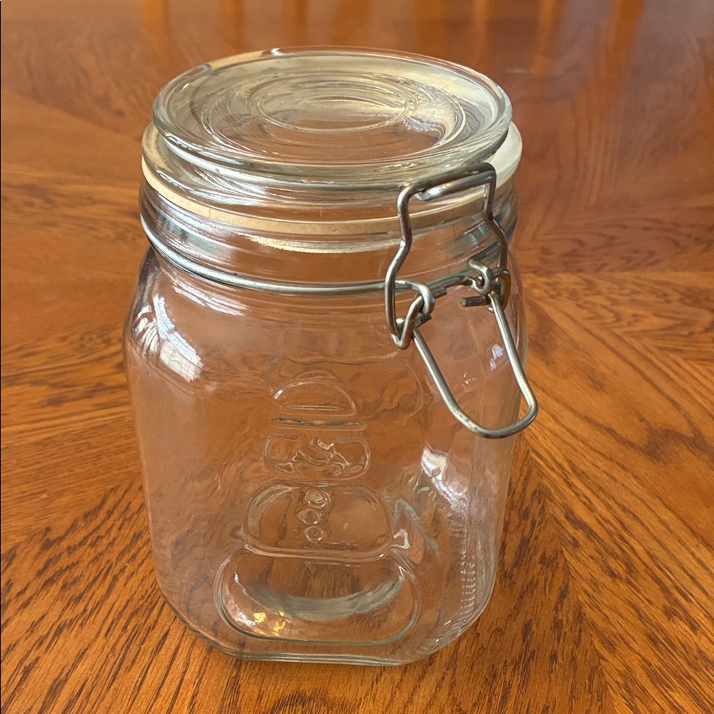 Clear Glass Clip-Top Jar with Snowman Embossing
